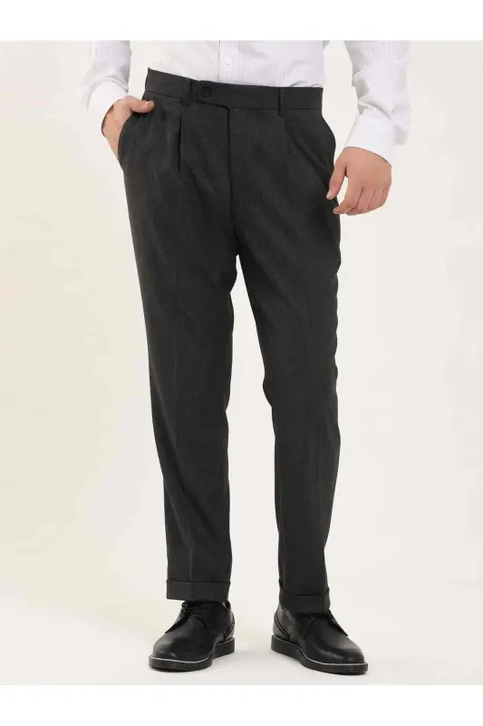 Antrasit Erkek Slim Fit Balıksırtı Desenli Klasik Pantolon - ANTRASİT - 4