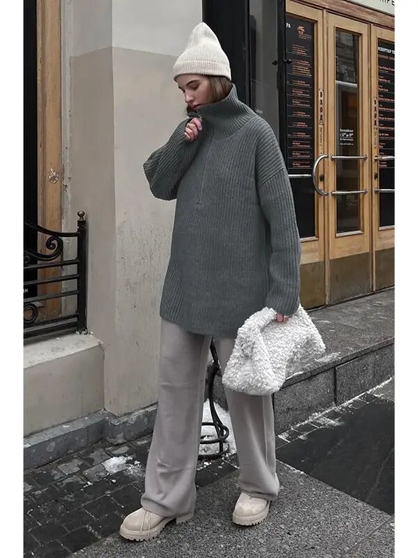 Antrasit Fermuar Yaka Oversize Kazak MG1946 - 5