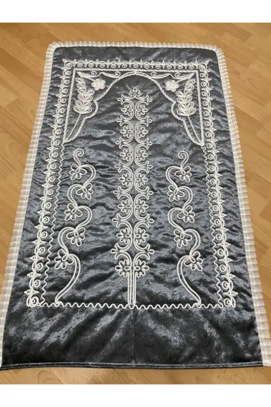 Antrasit Kadife Çeyizlik Gelin Seti Seccadesi-Gri - 2