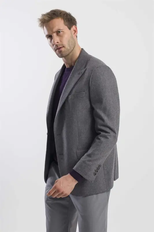 Antrasit Klasik Kalıp Yünlü Sivri Yaka Ceket - 3