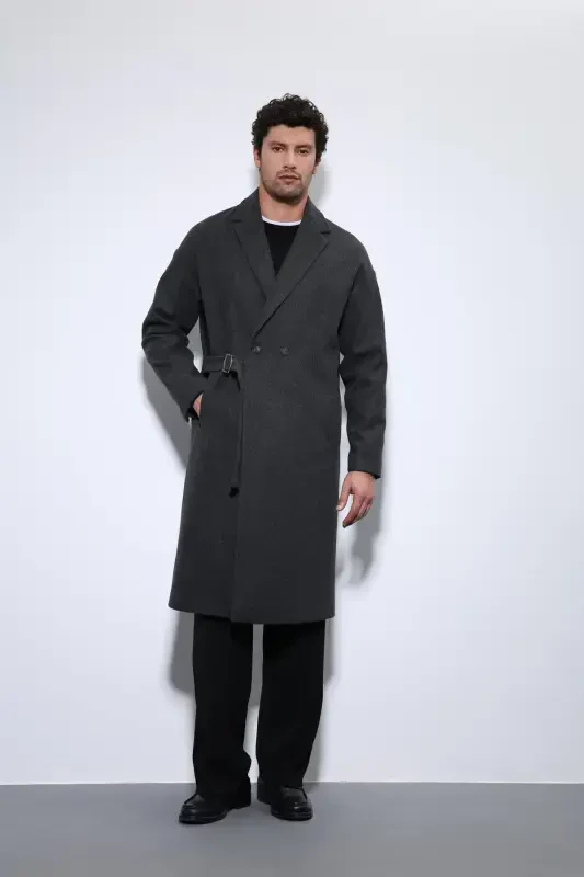 Antrasit Kuşaklı Oversize Erkek Kaban-Antrasit - 3