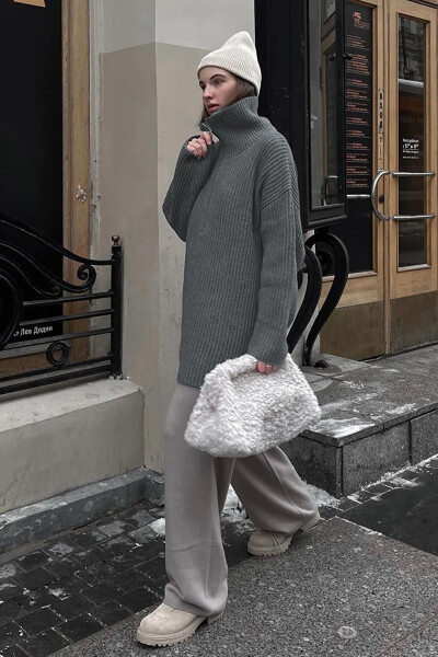 Antrasit rangli fermuarli yoqa Oversize ko'ylagi MG1946 - 18