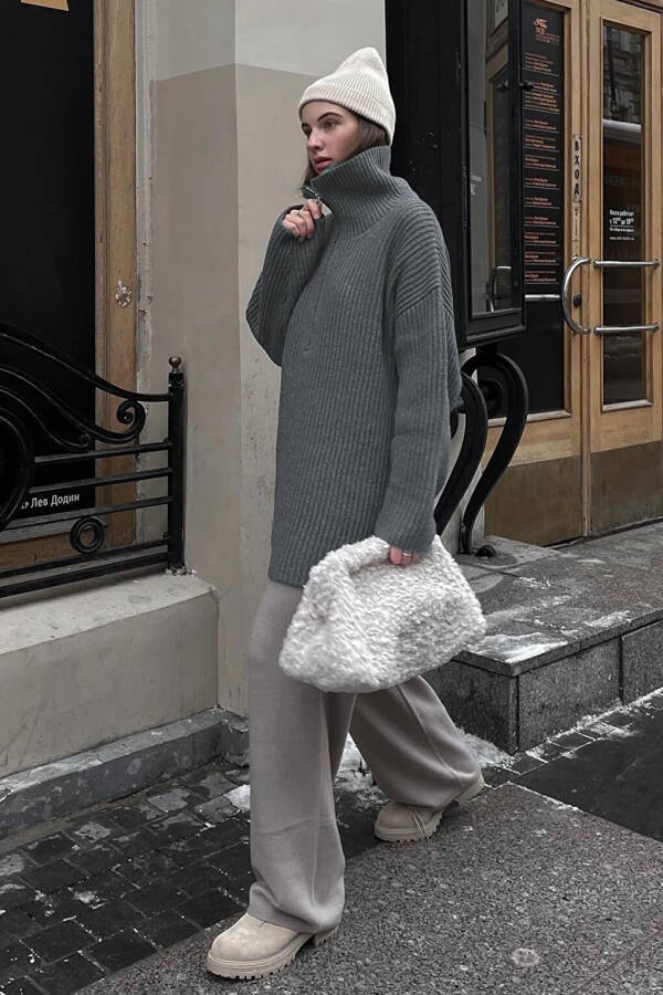 Antrasit rangli fermuarli yoqa Oversize ko'ylagi MG1946 - 18