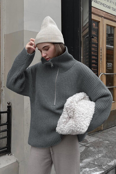 Antrasit rangli fermuarli yoqa Oversize ko'ylagi MG1946 - 14