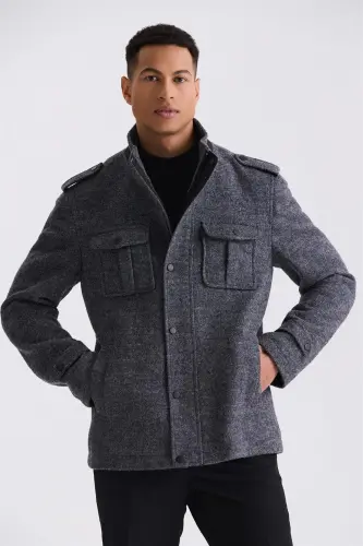 Antrasit rangli Slim Fit to'g'ri yoqali epauletli naqshlangan sport kaşmir palto - 1