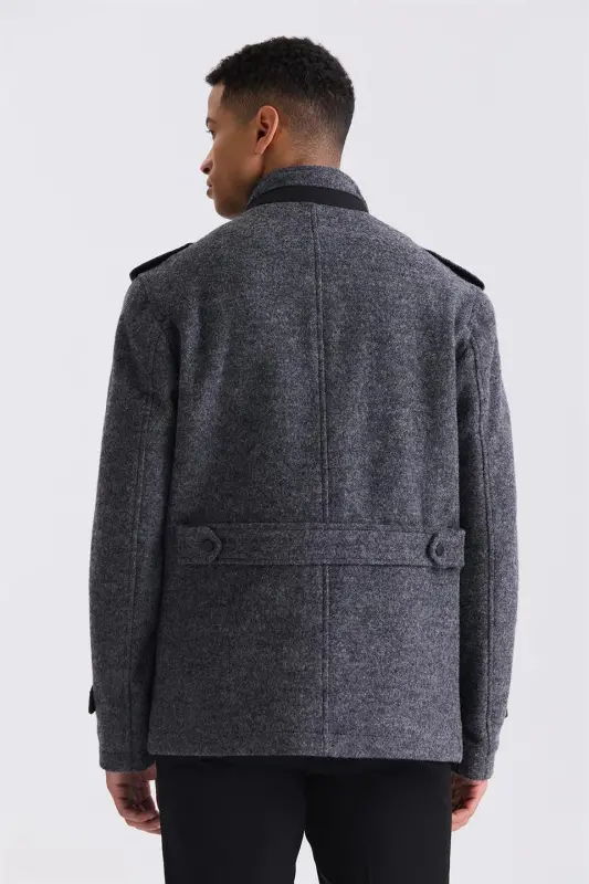 Antrasit rangli Slim Fit to'g'ri yoqali epauletli naqshlangan sport kaşmir palto - 4