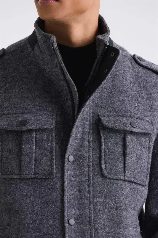 Antrasit rangli Slim Fit to'g'ri yoqali epauletli naqshlangan sport kaşmir palto - 3