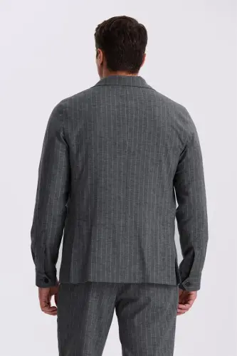 Antrasit Slim Fit Apaş Yaka Keten Karışımlı Çift Yırtmaçlı Çizgili Takım Elbise - 4