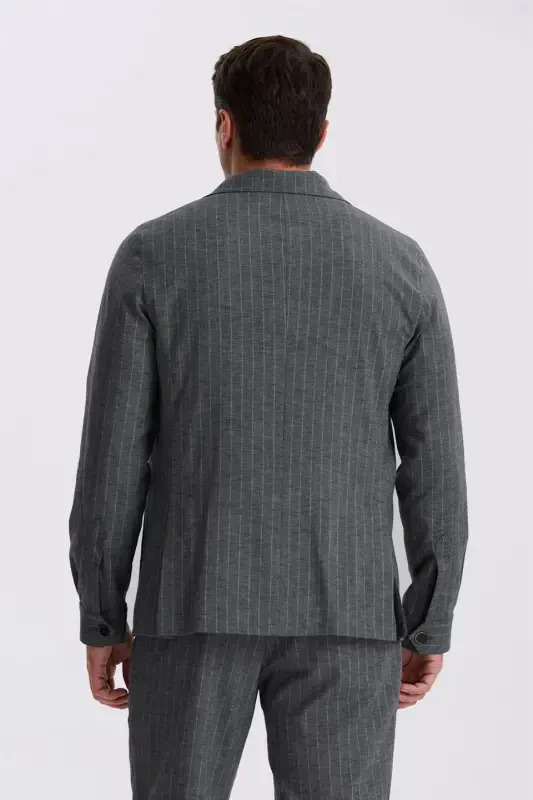 Antrasit Slim Fit Apaş Yaka Keten Karışımlı Çift Yırtmaçlı Çizgili Takım Elbise - 4