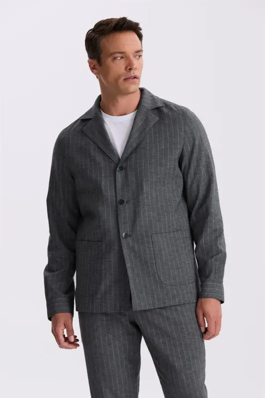 Antrasit Slim Fit Apaş Yaka Keten Karışımlı Çift Yırtmaçlı Çizgili Takım Elbise - 2