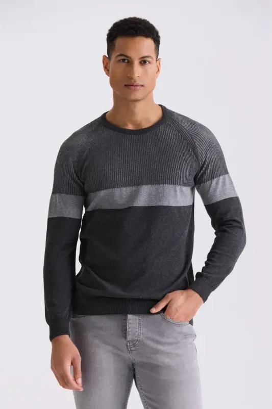 Antrasit Slim Fit Bisiklet Yaka Çizgi Desenli Triko Kazak - JAKAMEN
