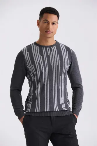 Antrasit Slim Fit Bisiklet Yaka Naqshli Triko Ko'ylak - 1