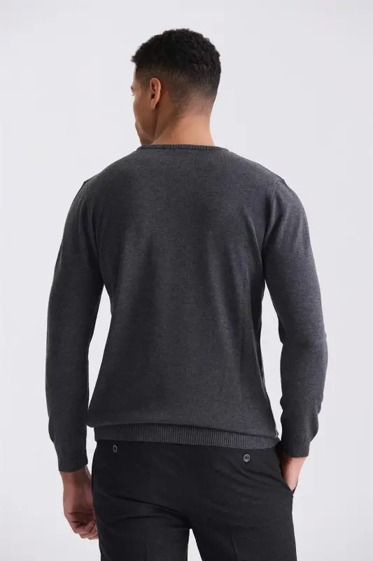 Antrasit Slim Fit Bisiklet Yaka Naqshli Triko Ko'ylak - 4