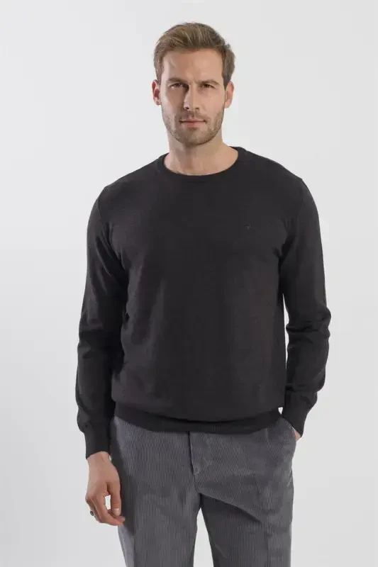 Antrasit Slim Fit Bisiklet Yaka Triko Kazak - 2