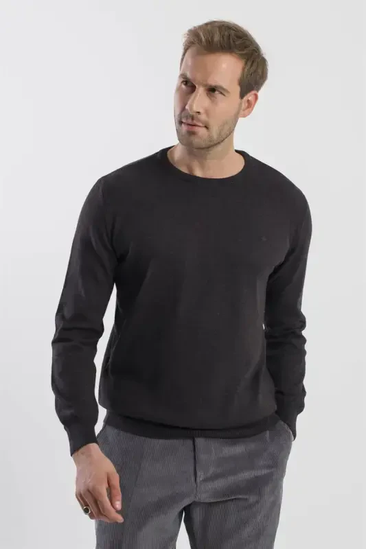 Antrasit Slim Fit Bisiklet Yaka Triko Kazak - 3