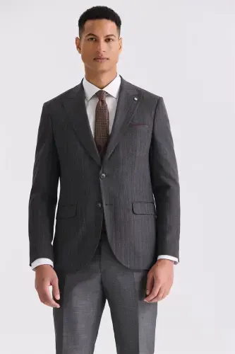 Antrasit Slim Fit Chiziqli Uch Qismli Kostyum - 2