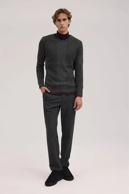 Antrasit Slim Fit Desenli Bisiklet Yaka Triko - 2