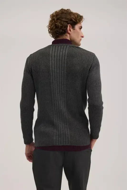 Antrasit Slim Fit Desenli Bisiklet Yaka Triko - 4