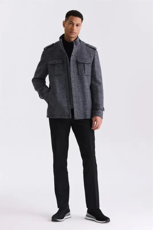 Antrasit Slim Fit Hakim Yaka Apoletli Desenli Spor Kaşe Kaban - 2