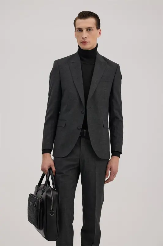 Antrasit Slim Fit Kırlangıç Yaka Çizgili Takım Elbise - 2