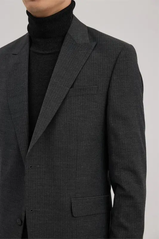 Antrasit Slim Fit Kırlangıç Yaka Çizgili Takım Elbise - 3