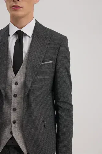 Antrasit Slim Fit Kırlangıç Yaka Yelekli Kombinli Takım Elbise - 3