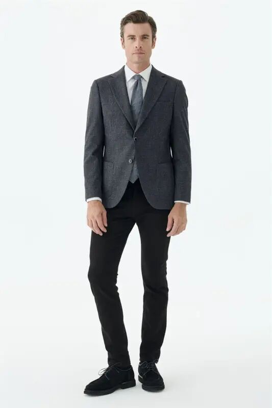 Antrasit Slim Fit Mono Yaka Desenli Ceket - Jakamen