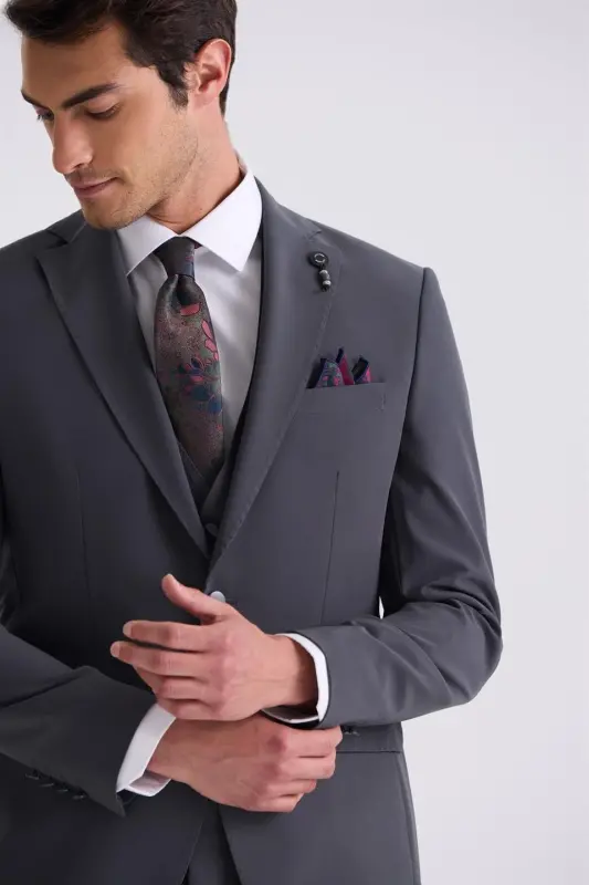 Antrasit Slim Fit Mono Yaka Yelekli Takım Elbise - 3