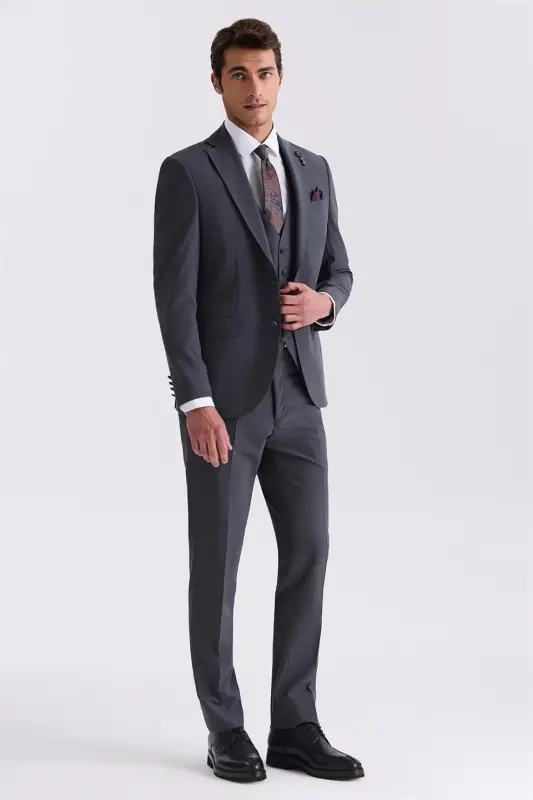 Antrasit Slim Fit Mono Yaka Yelekli Takım Elbise - 1