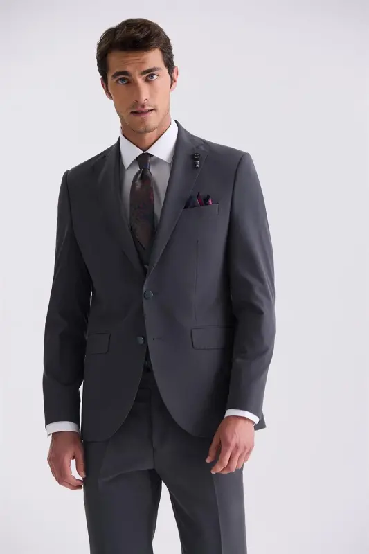 Antrasit Slim Fit Mono Yaka Yelekli Takım Elbise - 2