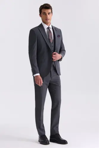 Antrasit Slim Fit Mono Yaka Yelekli Takım Elbise - 1