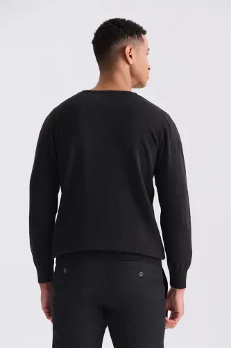 Antrasit Slim Fit V Bo‘yin trikotaj sviter - 4