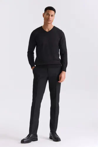 Antrasit Slim Fit V Bo‘yin trikotaj sviter - JAKAMEN (1)
