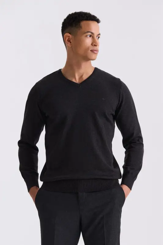 Antrasit Slim Fit V Yaka Triko Kazak - 1