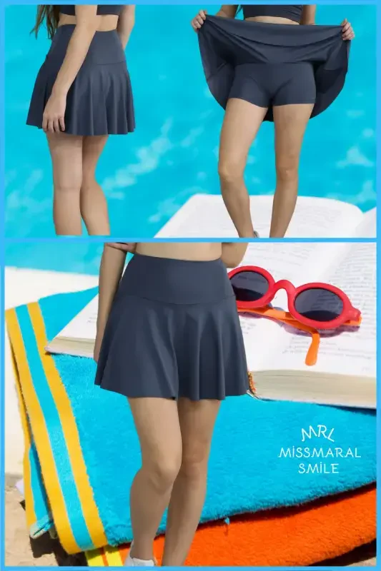 Şortlu Etek Antrasit Yüksek Bel Havuz-deniz Spor Ve Günlük Kullanım Skirt With Shorts 4101-ANTRASİT - 8