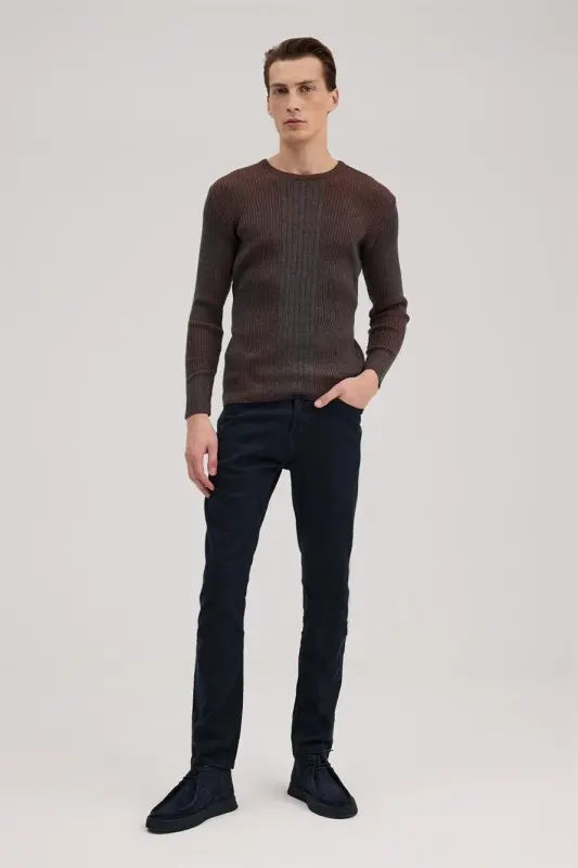 Antrasit Tarçın Slim Fit Desenli Bisiklet Yaka Triko - 2