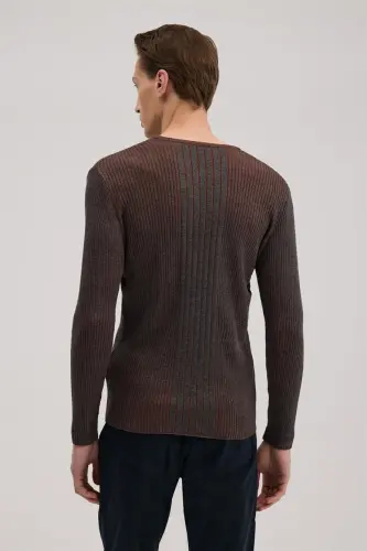 Antrasit Tarçın Slim Fit Desenli Bisiklet Yaka Triko - 4