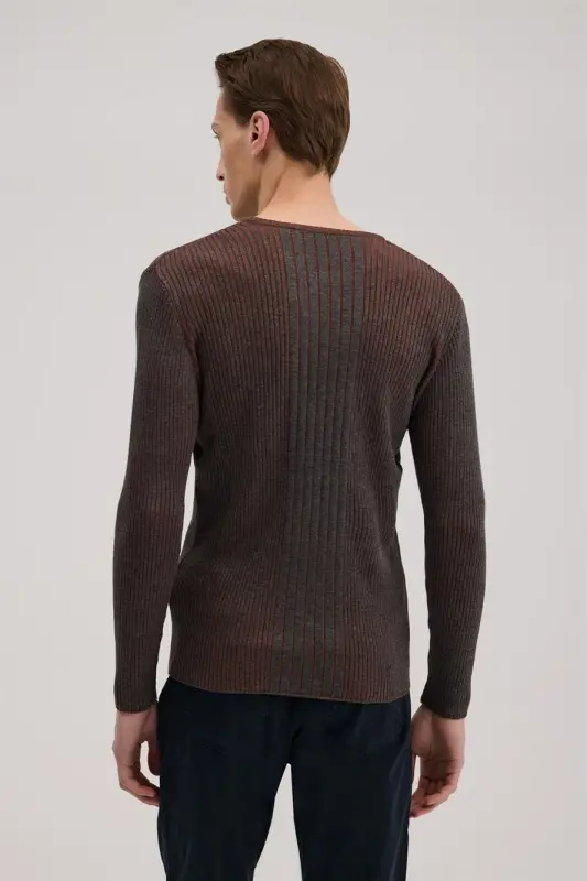 Antrasit Tarçın Slim Fit Desenli Bisiklet Yaka Triko - 4