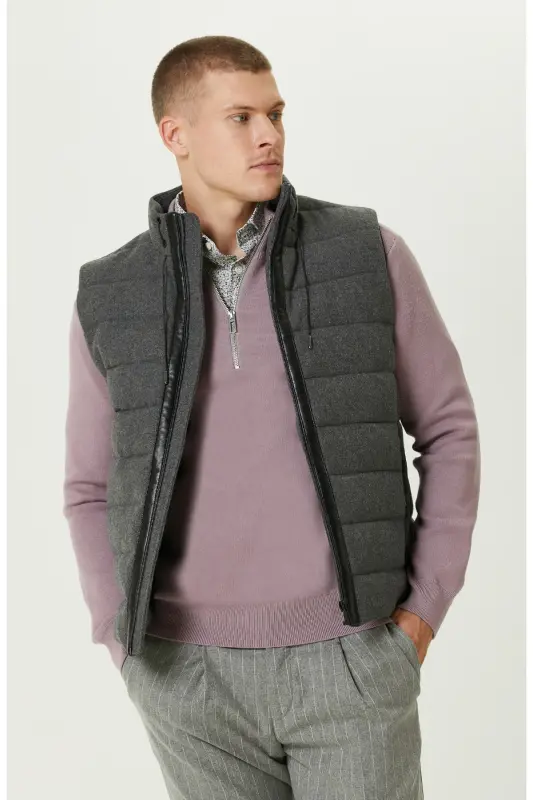Antrasit Yün Karışımlı Puffer Casual Yelek - 1