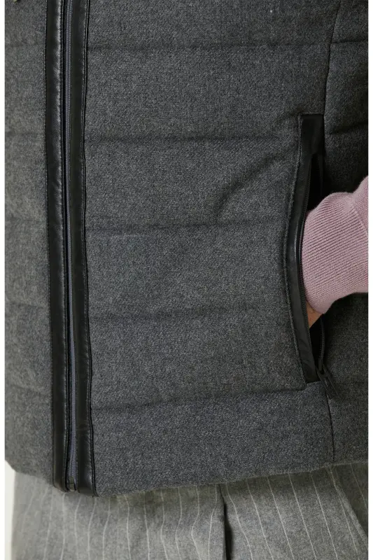 Antrasit Yün Karışımlı Puffer Casual Yelek - 4