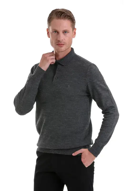 Antratsit Regular Fit Düz Polo Yoqali Triko Ko'ylak - Antratsit - 1