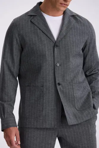 Antratsit Slim Fit Apaş Yoqa Zig'ir Aralashgan Ikki Yoriqli Chiziqli Kostyum - 3