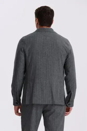 Antratsit Slim Fit Apaş Yoqali Zig'ir Aralash Chiziqli Kostyum - 4