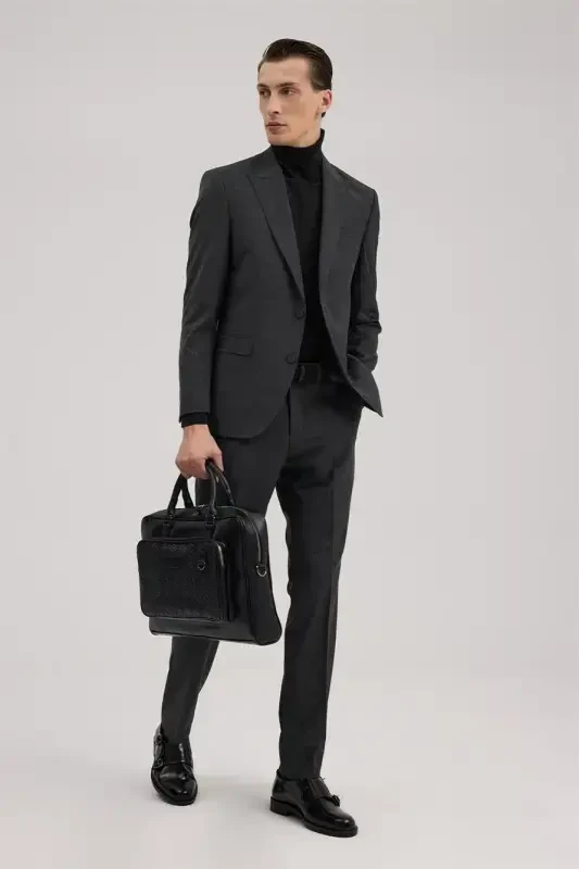 Antratsit Slim Fit Qaldirg'och Yoqali Chiziqli Kostyum - 1