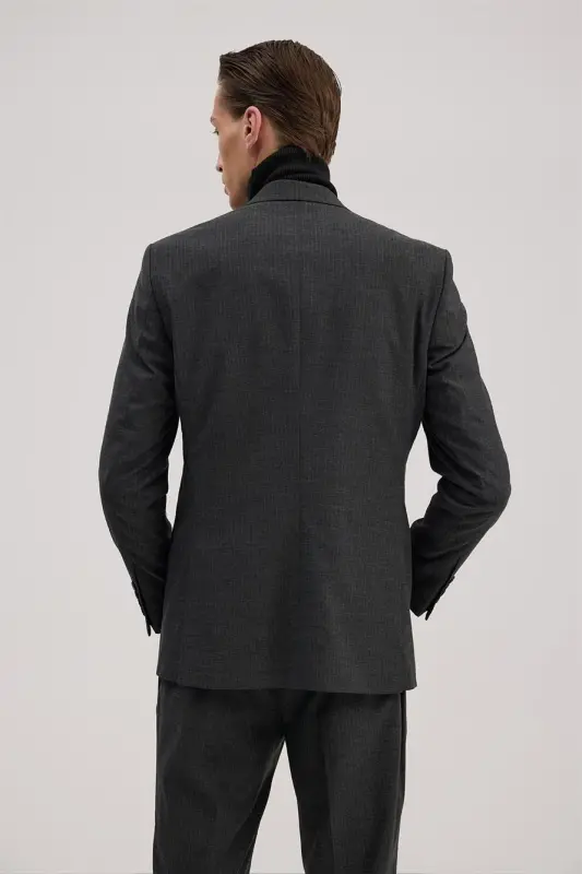 Antratsit Slim Fit Qaldirg'och Yoqali Chiziqli Kostyum - 5