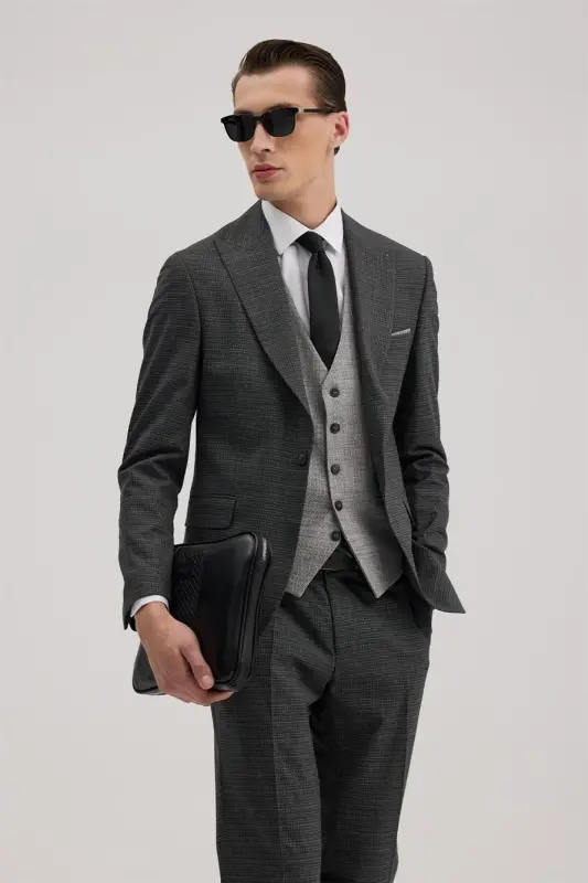 Antratsit Slim Fit Qaldirgʻoch Yoqali Nimchali Kombinli Kostyum - 2
