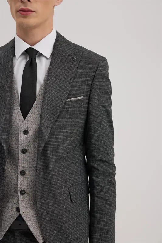 Antratsit Slim Fit Qaldirgʻoch Yoqali Nimchali Kombinli Kostyum - 3
