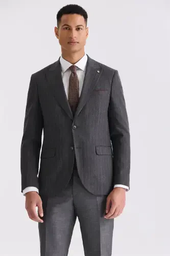 Antratsit Slim Fit Uchli Yoqali Chiziqli Kombinatsiyalangan Jiletli Kostyum - JAKAMEN (1)