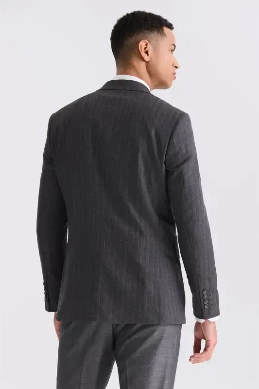 Antratsit Slim Fit Uchli Yoqali Chiziqli Kombinatsiyalangan Jiletli Kostyum - 4