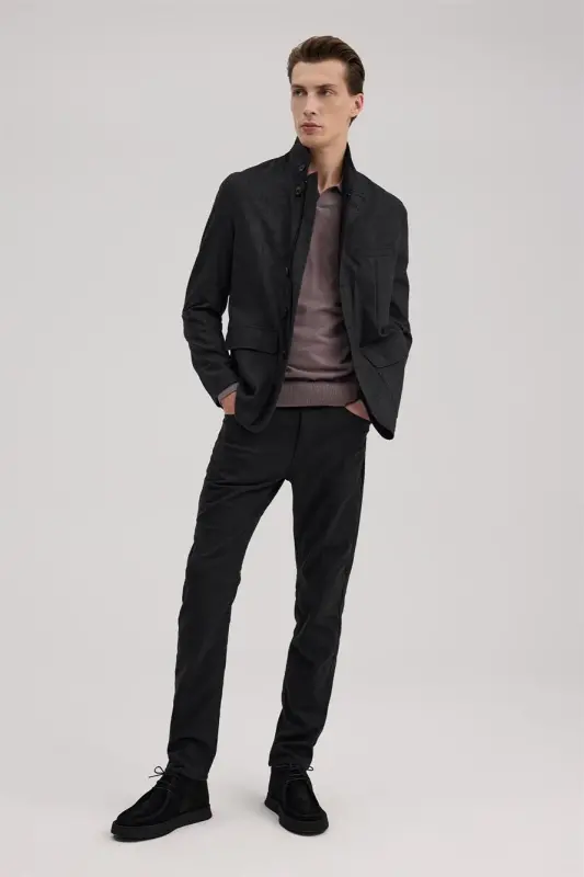 Antratsit Slim Fit Yoqa yoqali Patli Kurtka - JAKAMEN